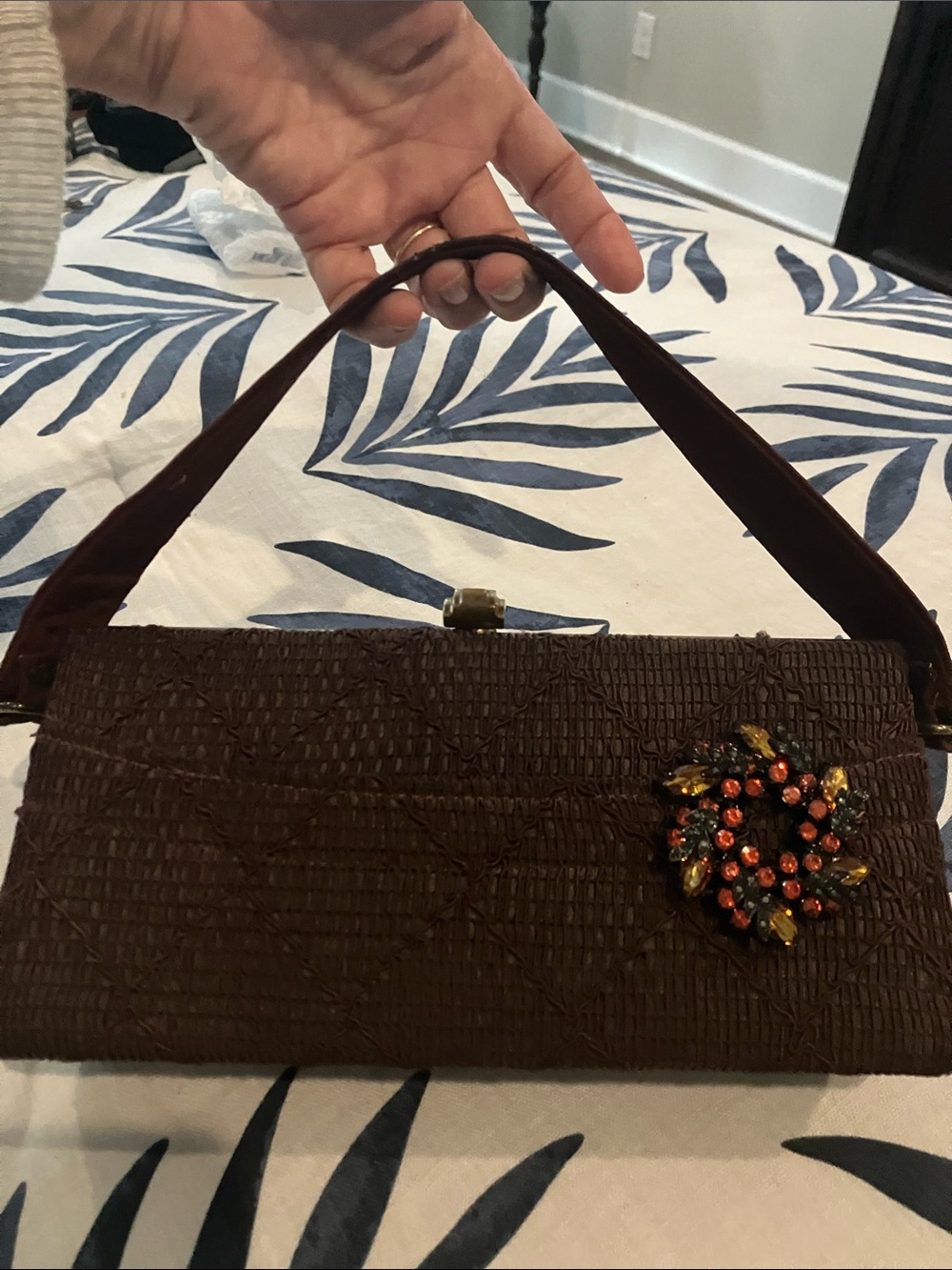 Vintage Brown Textured Top-Handle  Bag with Jewel Brooch Interchangeable!